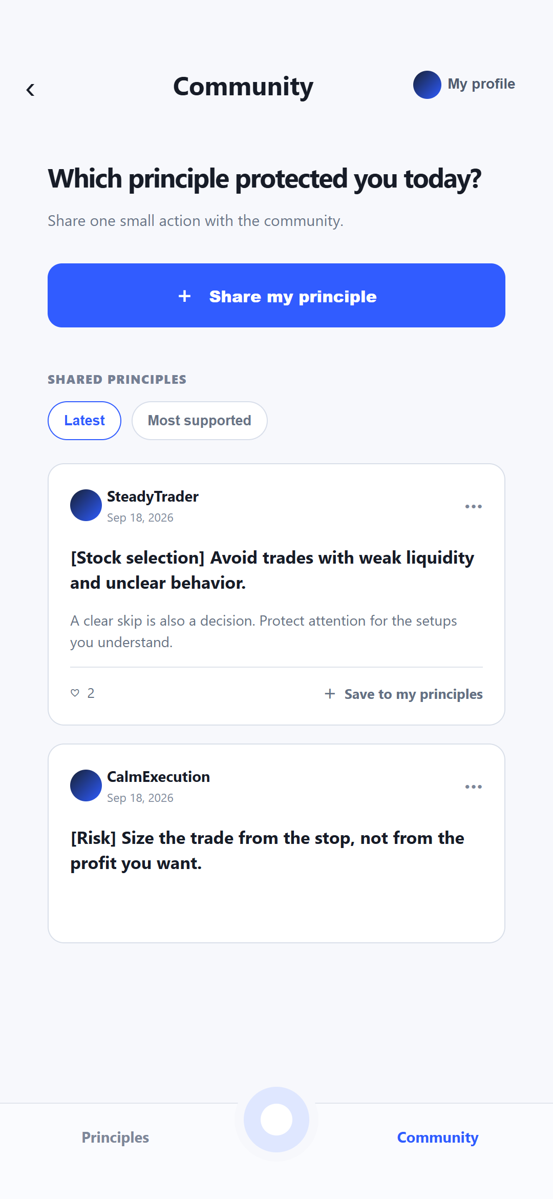 English community preview with example posts, sharing, likes and save controls