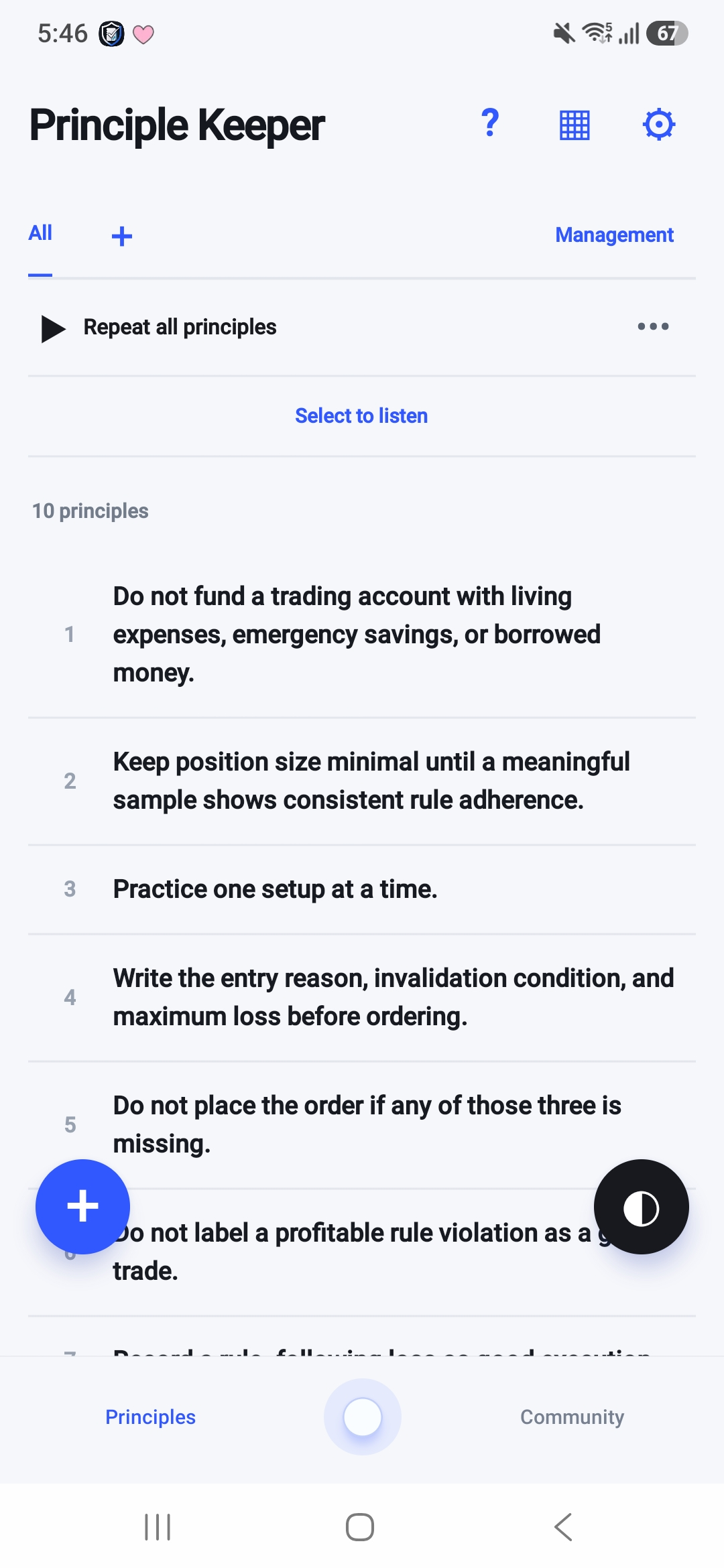 English app screen with saved rules and repeat playback controls.