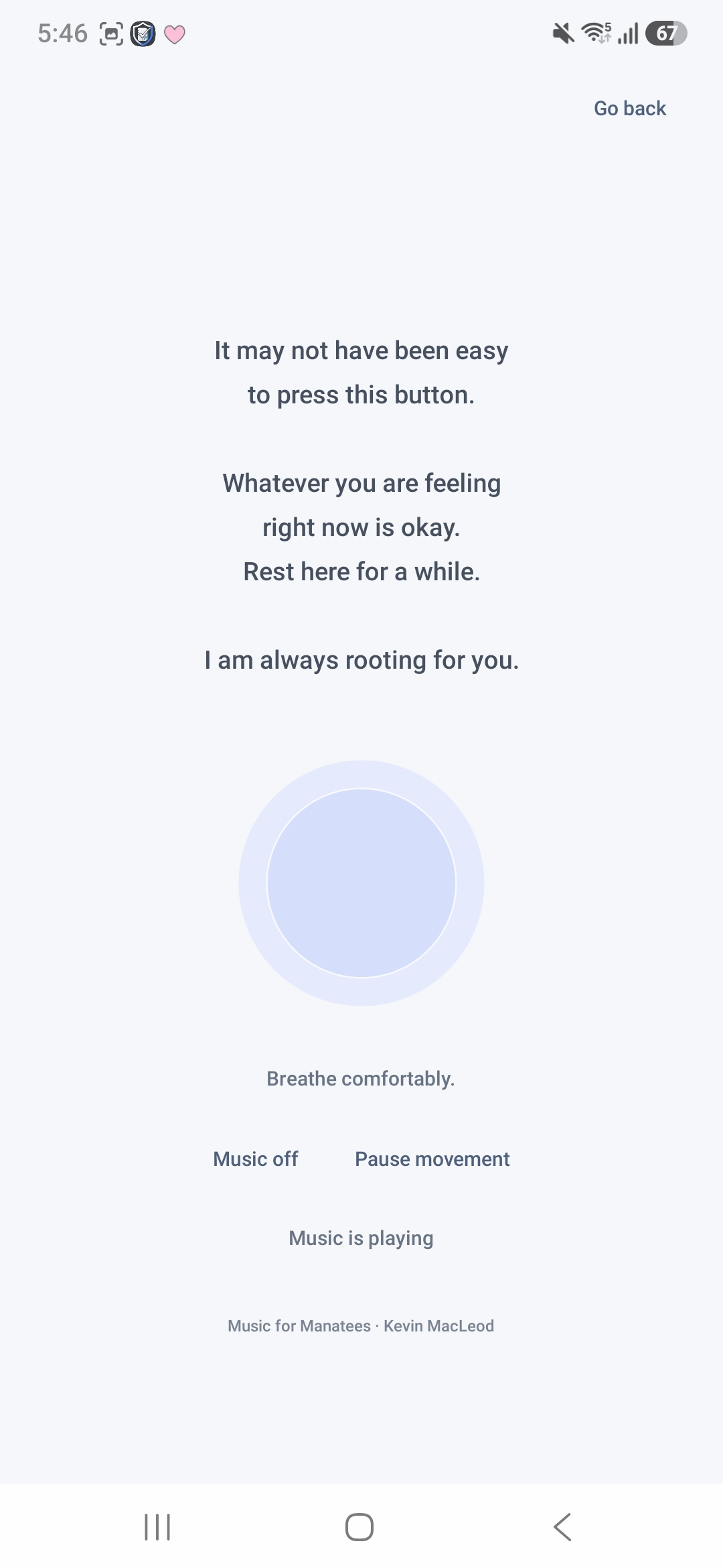 English break screen with breathing circle, music and motion controls